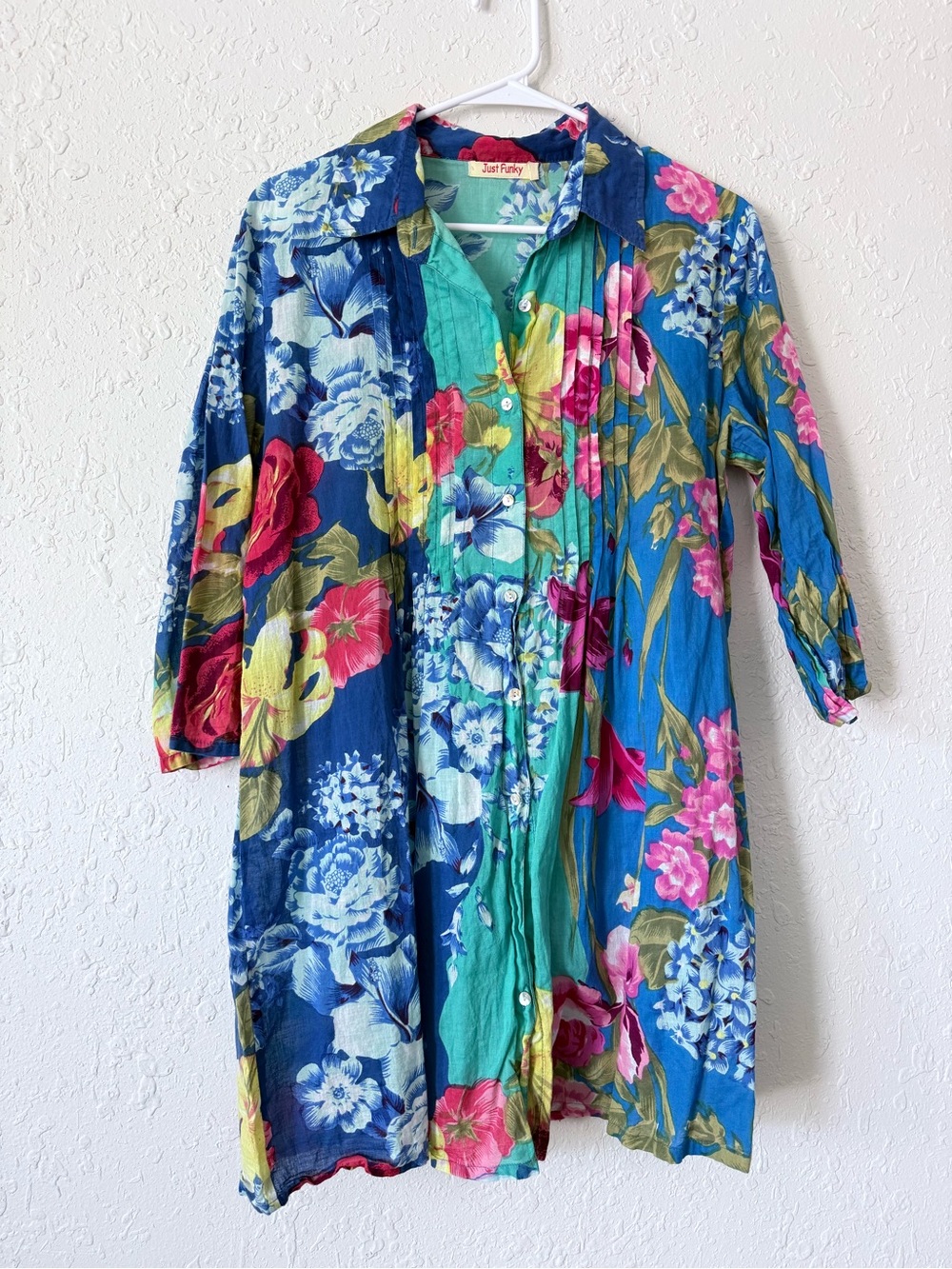 Just Funky Floral Tropical Button Front 3/4 sleeves Tunic Top Large